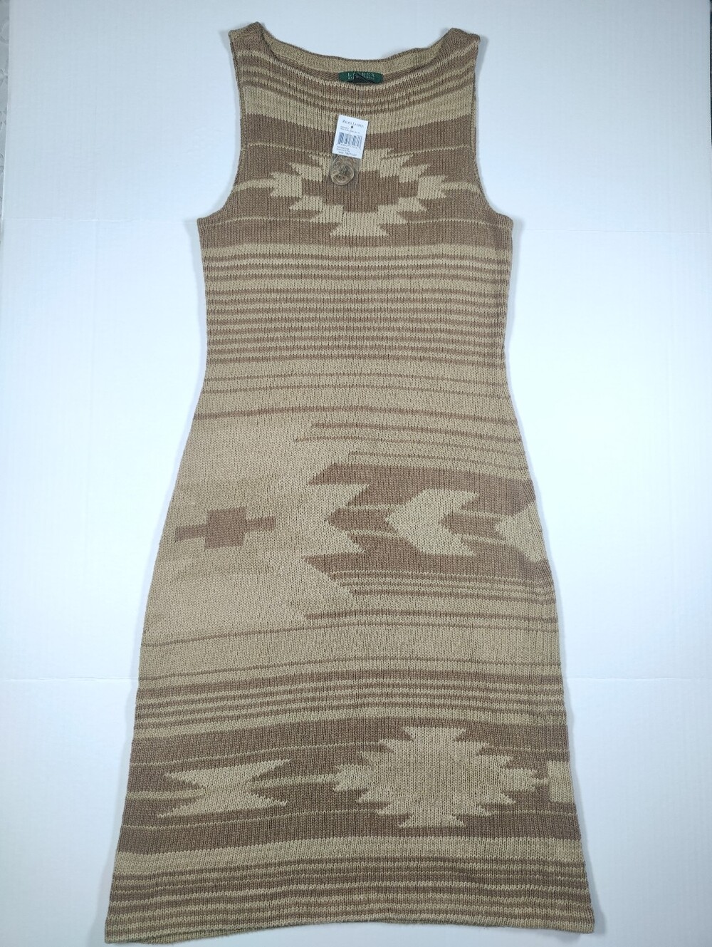 NWT Ralph Lauren Beige Silk Linen Knit Aztec Southwestern Midi Dress Size M